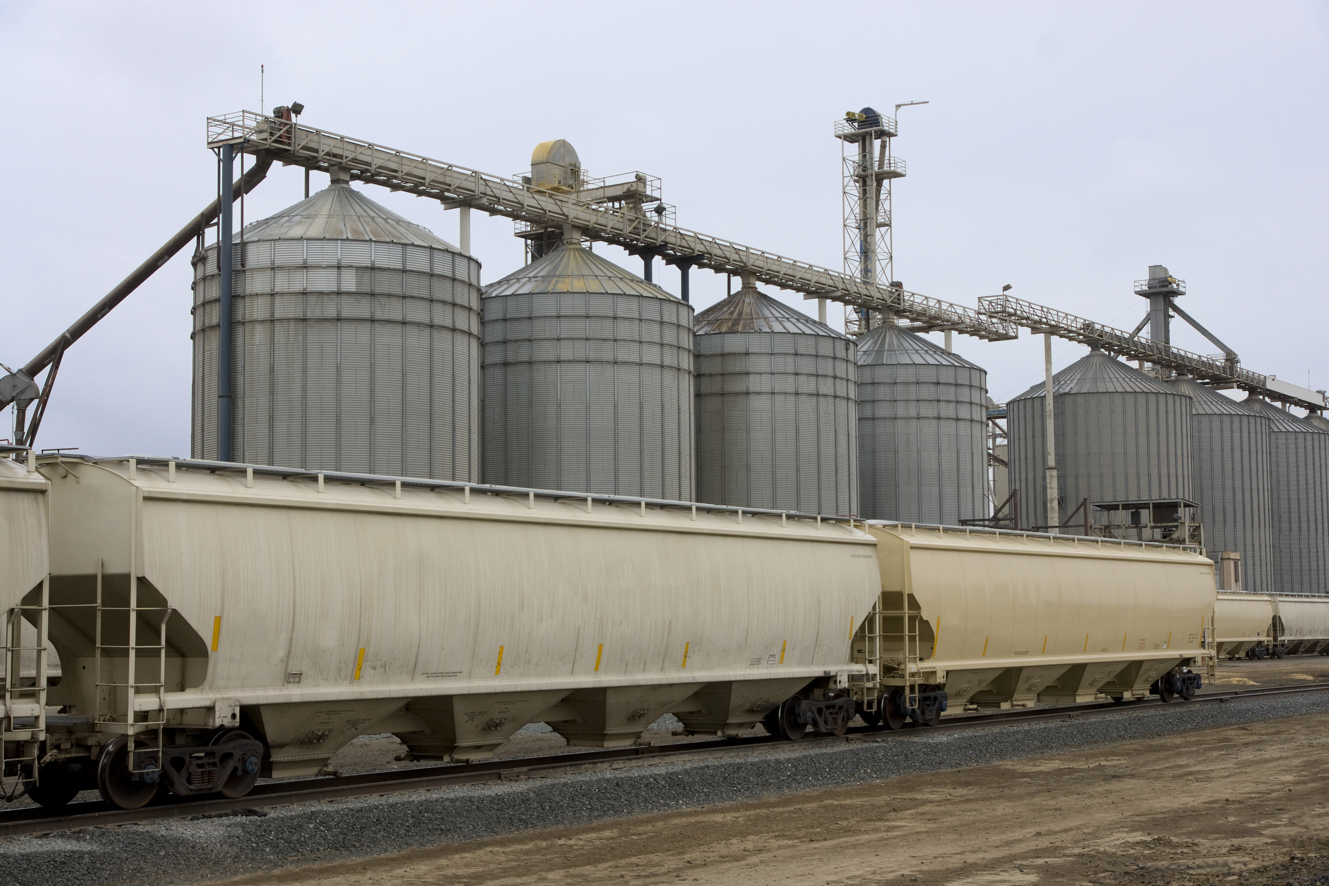 Rail yard with grain silos